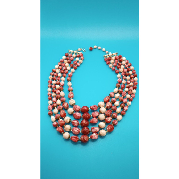 Vintage 5 Strand Beaded Choker Necklace Cranberry Red White Marble Hong Kong - Picture 1 of 8